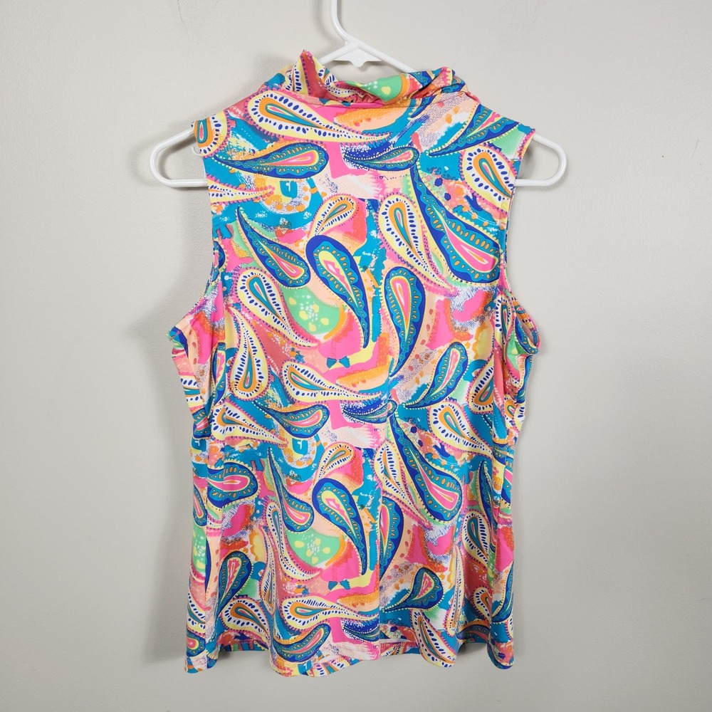 Lulu-B Sleeveless Ruffle Cowl Neck Paisley Print Top Multi-Color Pink Blue Med - Picture 3 of 9